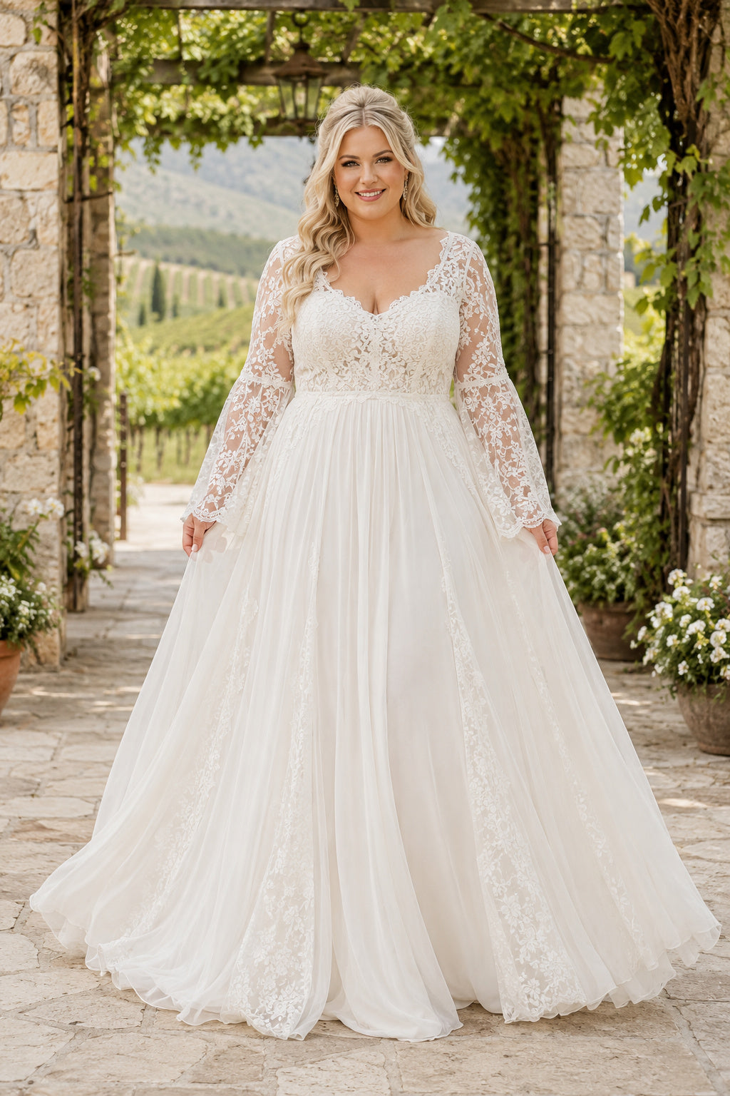 Plus Size Ivory V-Neck Long Illusion Sleeve Lace Tulle A-Line Wedding Dress with Long Lace Sleeves and Full Tulle Skirt front