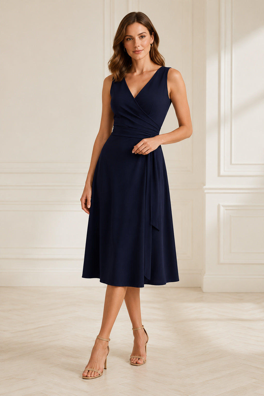 Dark Navy Sleeveless V-Neck A-Line Knee-Length Guest Dress front view
