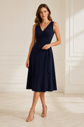 Dark Navy Sleeveless V-Neck A-Line Knee-Length Guest Dress front view