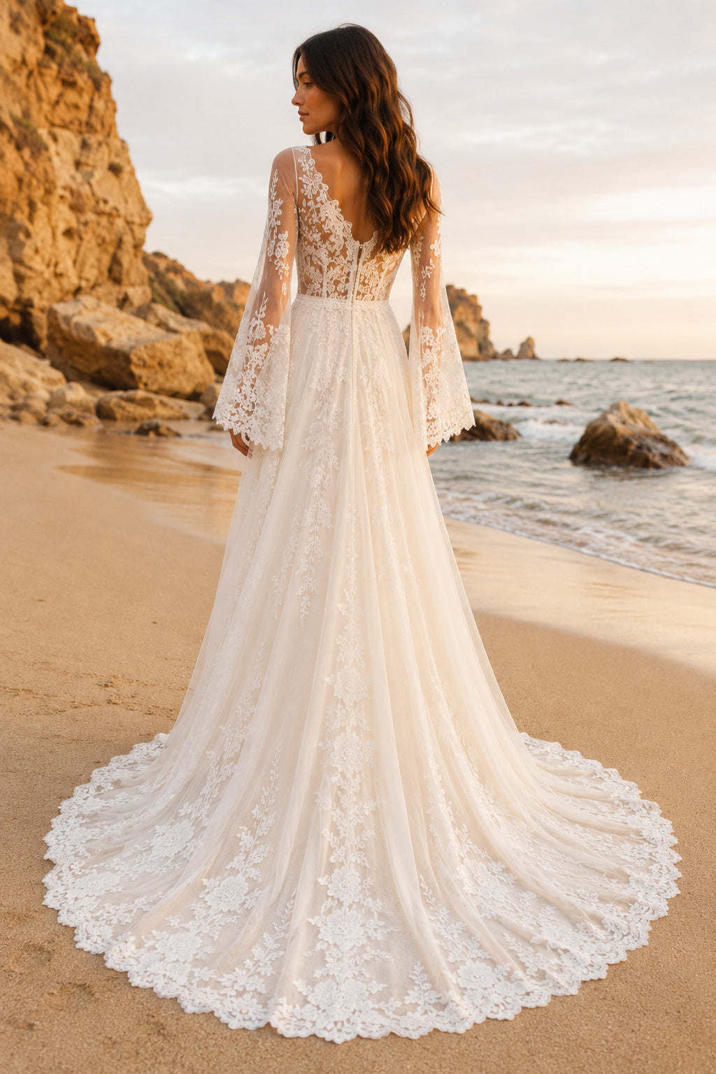 Ivory Long Bell Sleeve Lace Tulle A-Line Wedding Dress Chapel Train for Bridal Ceremony and Reception back view