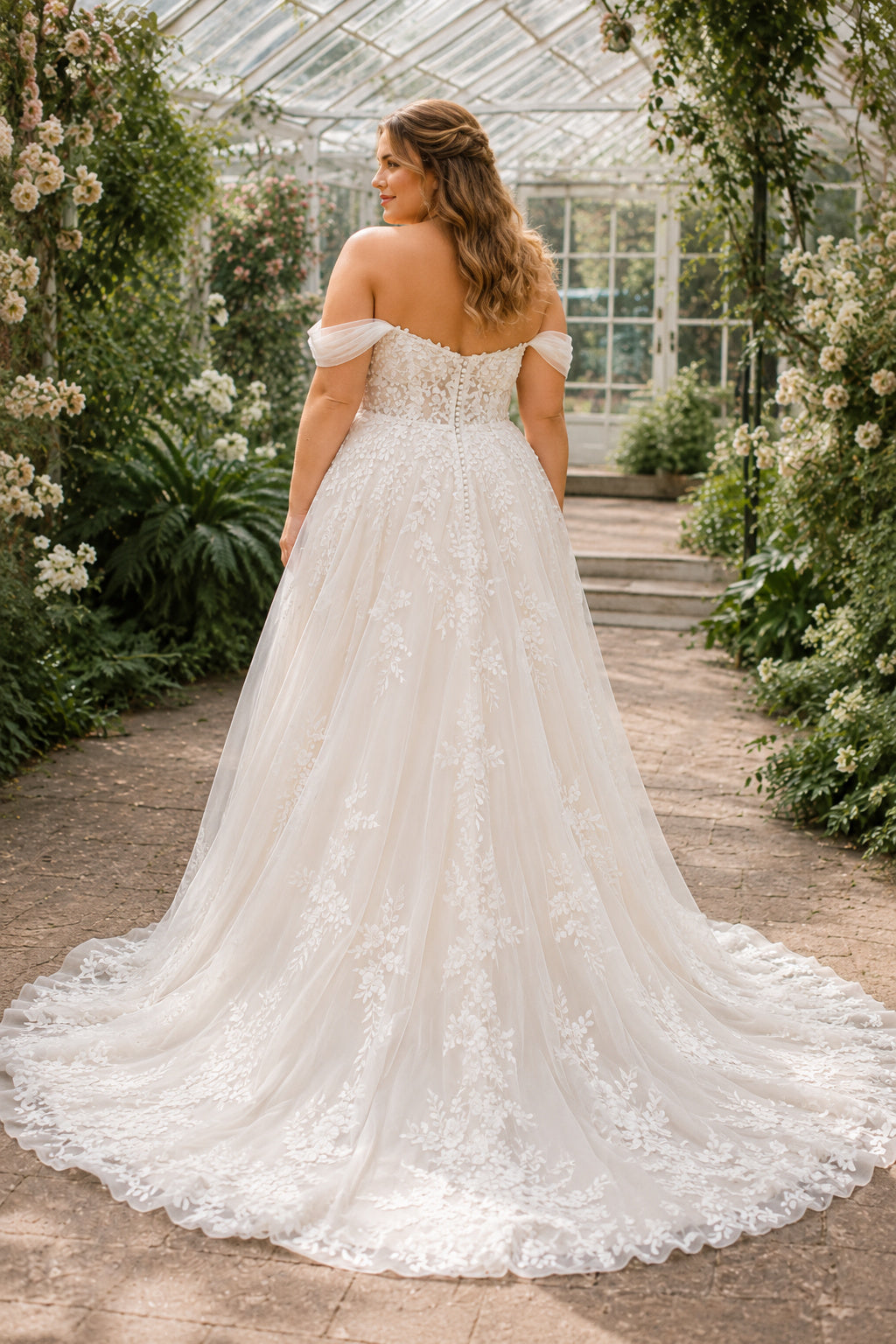 Plus Size Ivory Off-the-Shoulder Sweetheart Flutter Sleeve Lace Tulle A-Line Wedding Dress with Floral Appliques and Chapel T