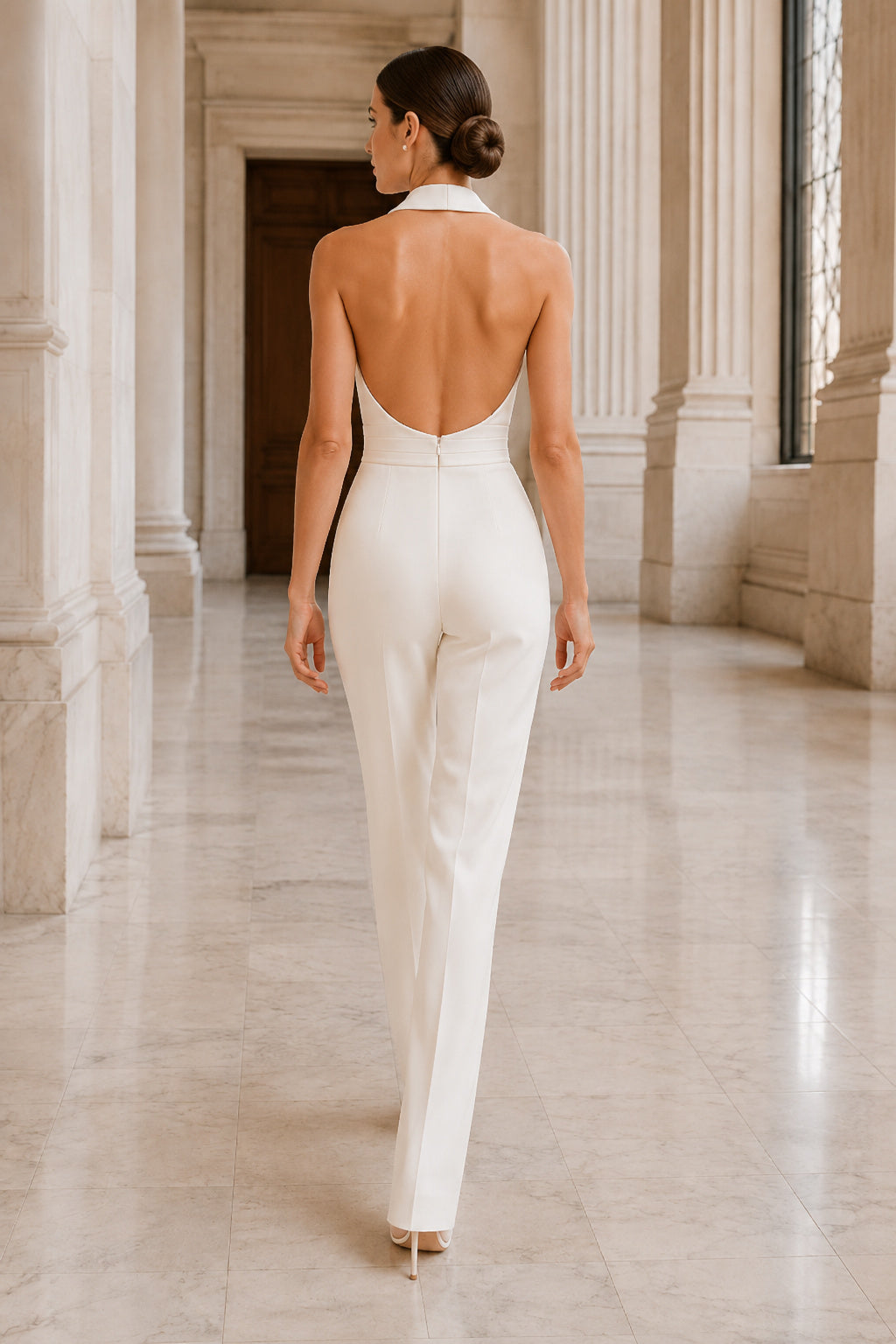 White Halter Deep V Bridal Jumpsuit with Open Back back view