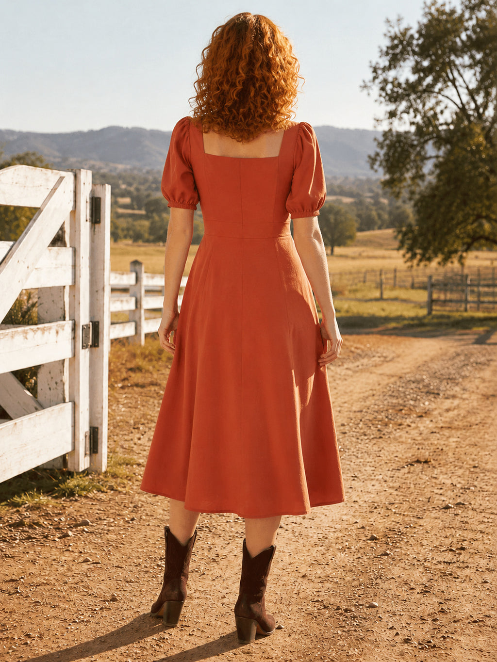 Terracotta square neck puff sleeve ranch wedding guest midi dress back view