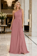 Dusty Rose one shoulder chiffon sheath dress with side drape and pleated bodice Floor-length Sheath Bridesmaid Dress front vi
