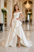 Off Shoulder Satin High-Low Wedding Dress with Draped Skirt front view