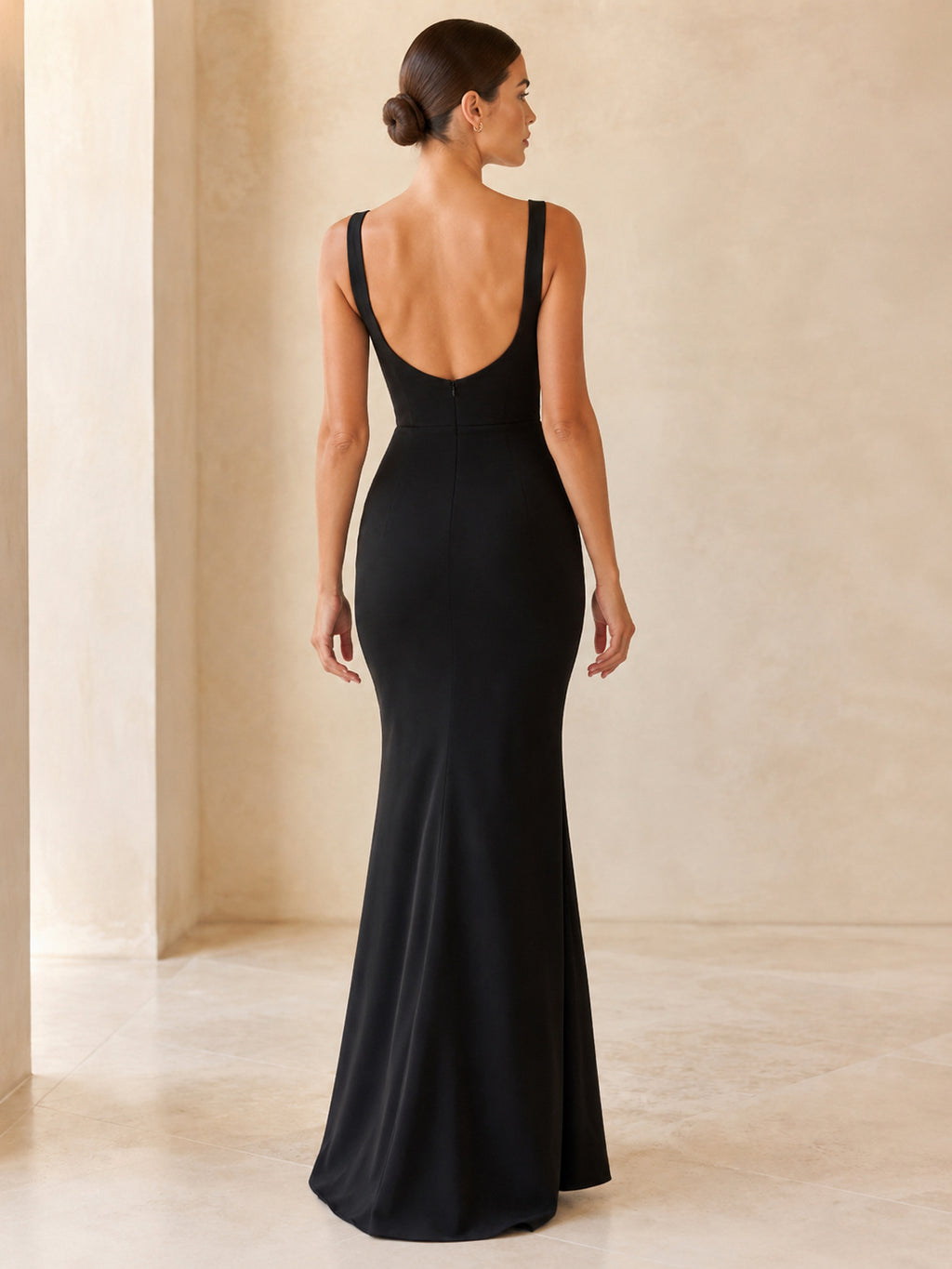 Black Square Neck Minimalist Column Formal Dress back view