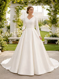 Modest Long Sleeve Satin Ball Gown Garden Bridal Dress front view