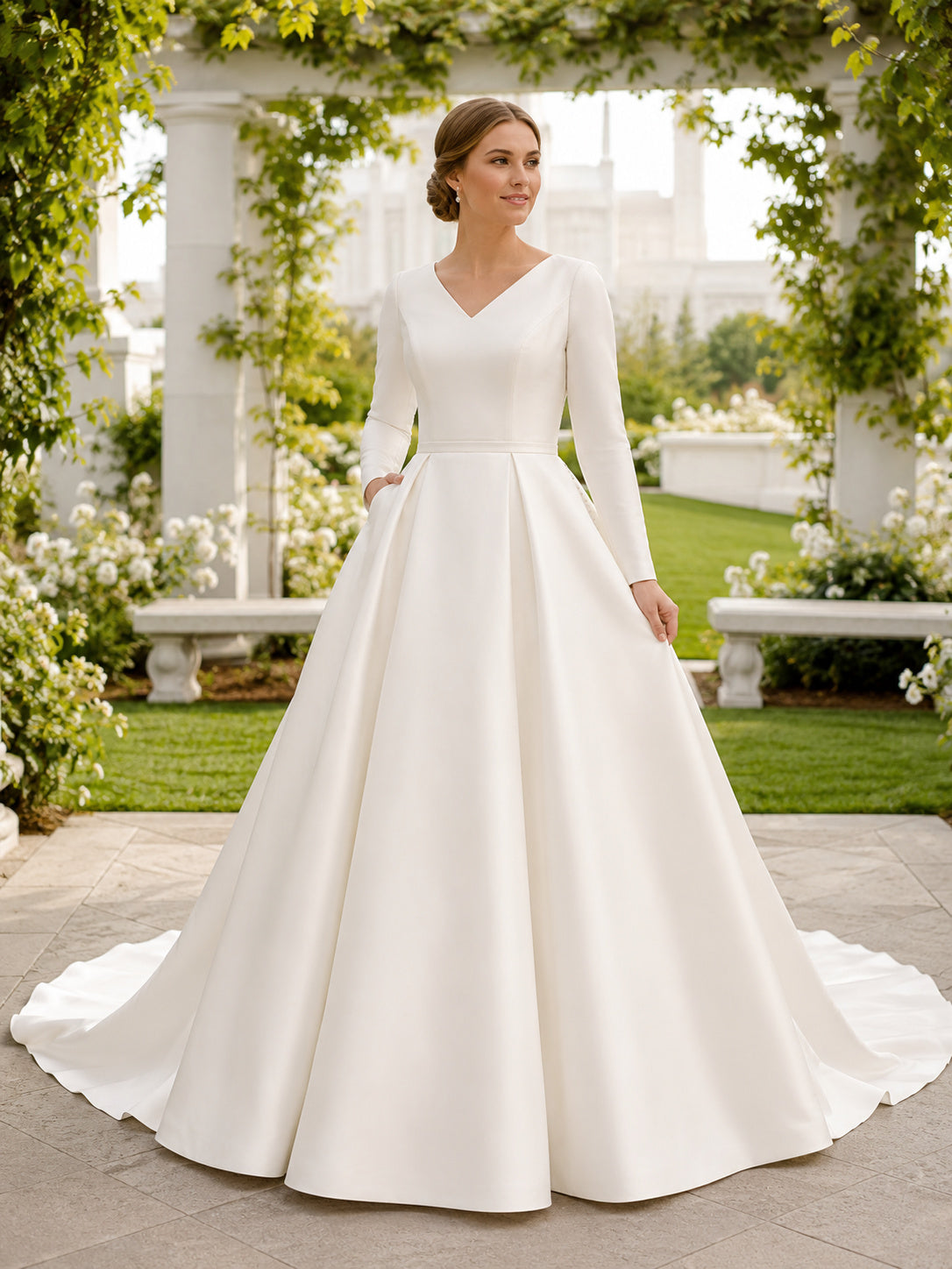 Modest Long Sleeve Satin Ball Gown Garden Bridal Dress front view