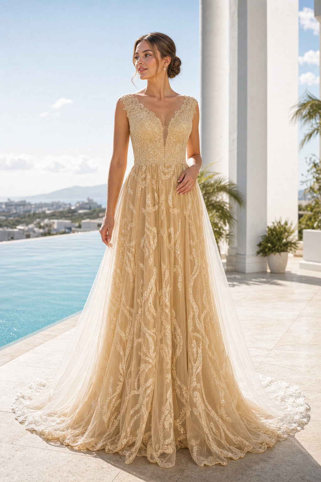 Gold V-neck A-Line Lace, Tulle Floor-length Formal Dress With Lace and Train and Open Back