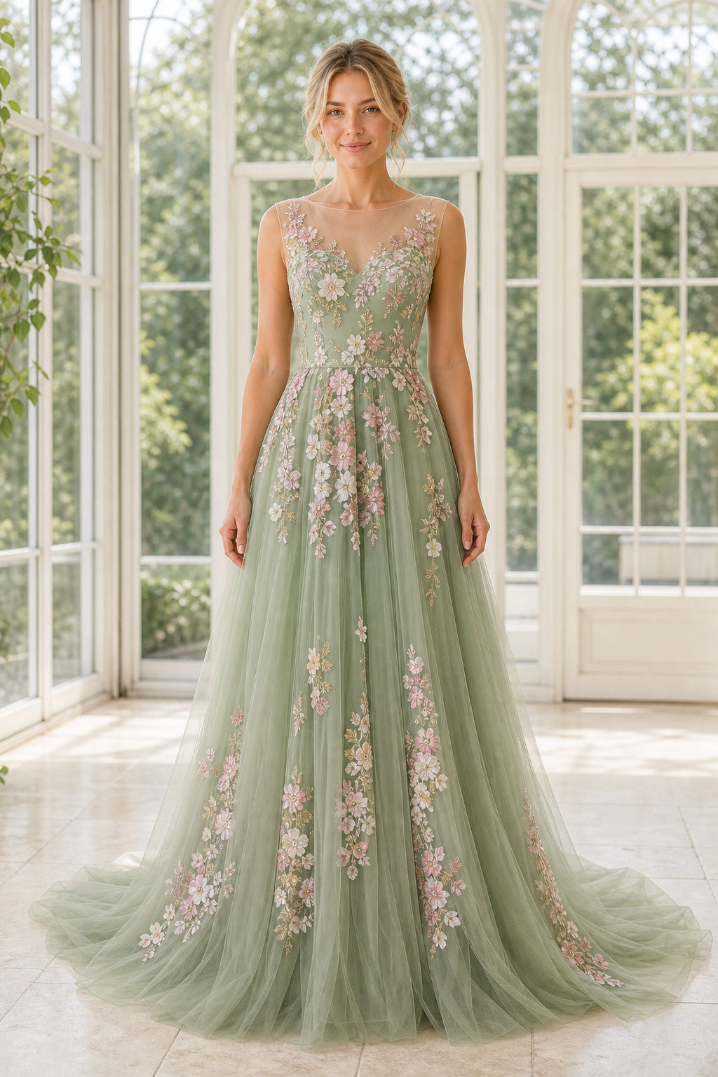 Sage Bateau A-Line Tulle Floor-length Formal Dress With Floral Appliques and Open Back