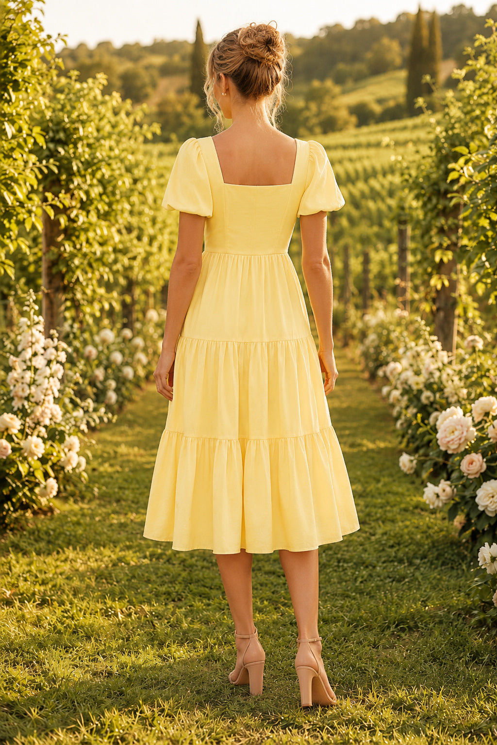 Daffodil Square Neck Tiered Chiffon Tea-Length Dress back view