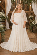 Ivory Plus Size Maternity Square Neck Flutter Sleeve Lace A-Line Wedding Dress with Train front view