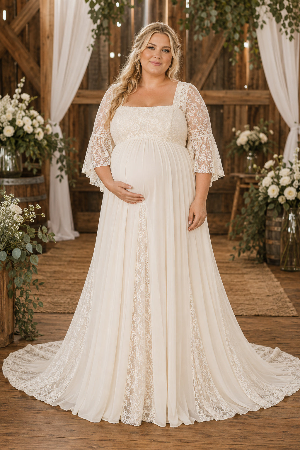 Ivory Plus Size Maternity Square Neck Flutter Sleeve Lace A-Line Wedding Dress with Train front view