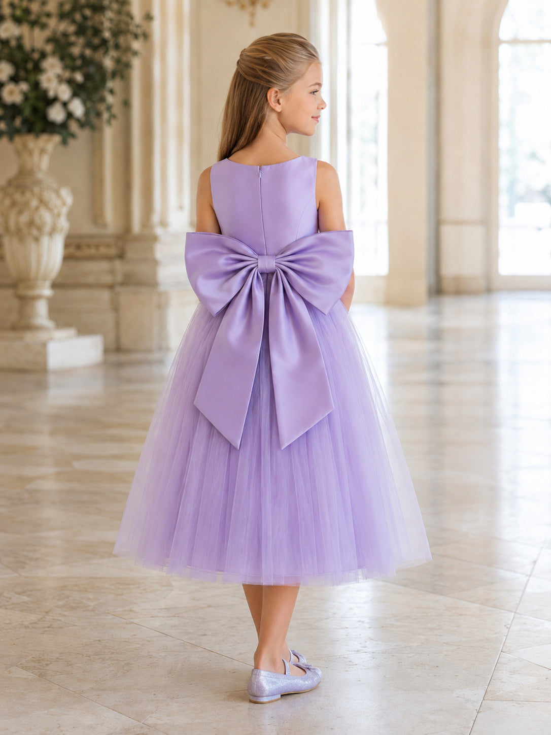 Lavender Tulle Sleeveless A-Line Flower Girl Tea-Length Garden Bow Dress back view