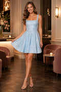 Sky Blue Square Neck Cocktail Sheath Dress front view