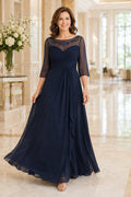 Dark Navy Chiffon A-Line Mother Dress with Illusion Lace Bodice and Three Quarter Sleeves front view