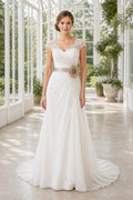 White Square Mermaid Crepe, Lace Floor-length Wedding Dress With Lace and Beaded Bodice and Open Back