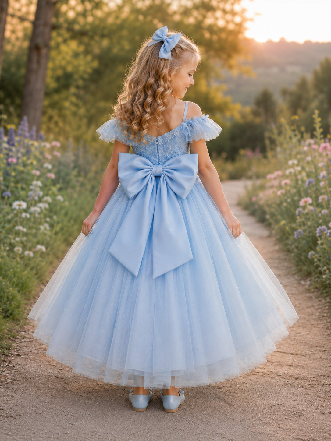 Flower Girl Dress Sky Blue Tulle A-Line Puff Sleeve Off Shoulder Tea Length Bow Back back view