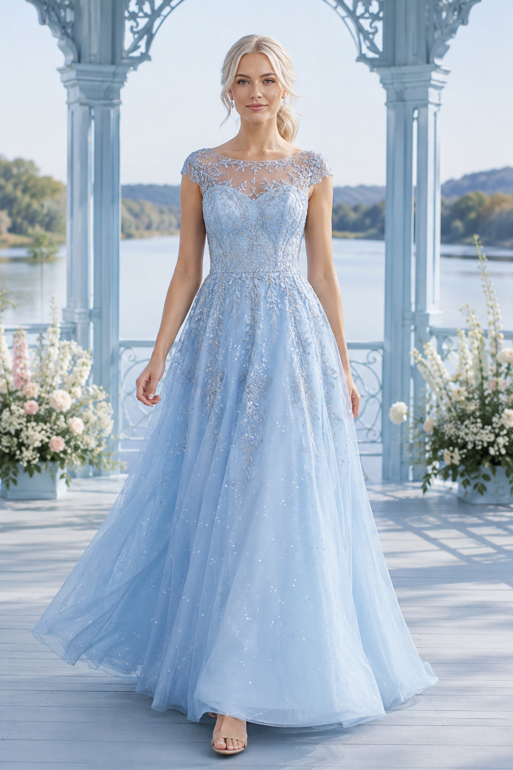 Sky Blue Illusion Lace Bodice with Soft Tulle Skirt and Sweep Train Floor Length And Sweep/Brush Train A-Line Prom Dress fron