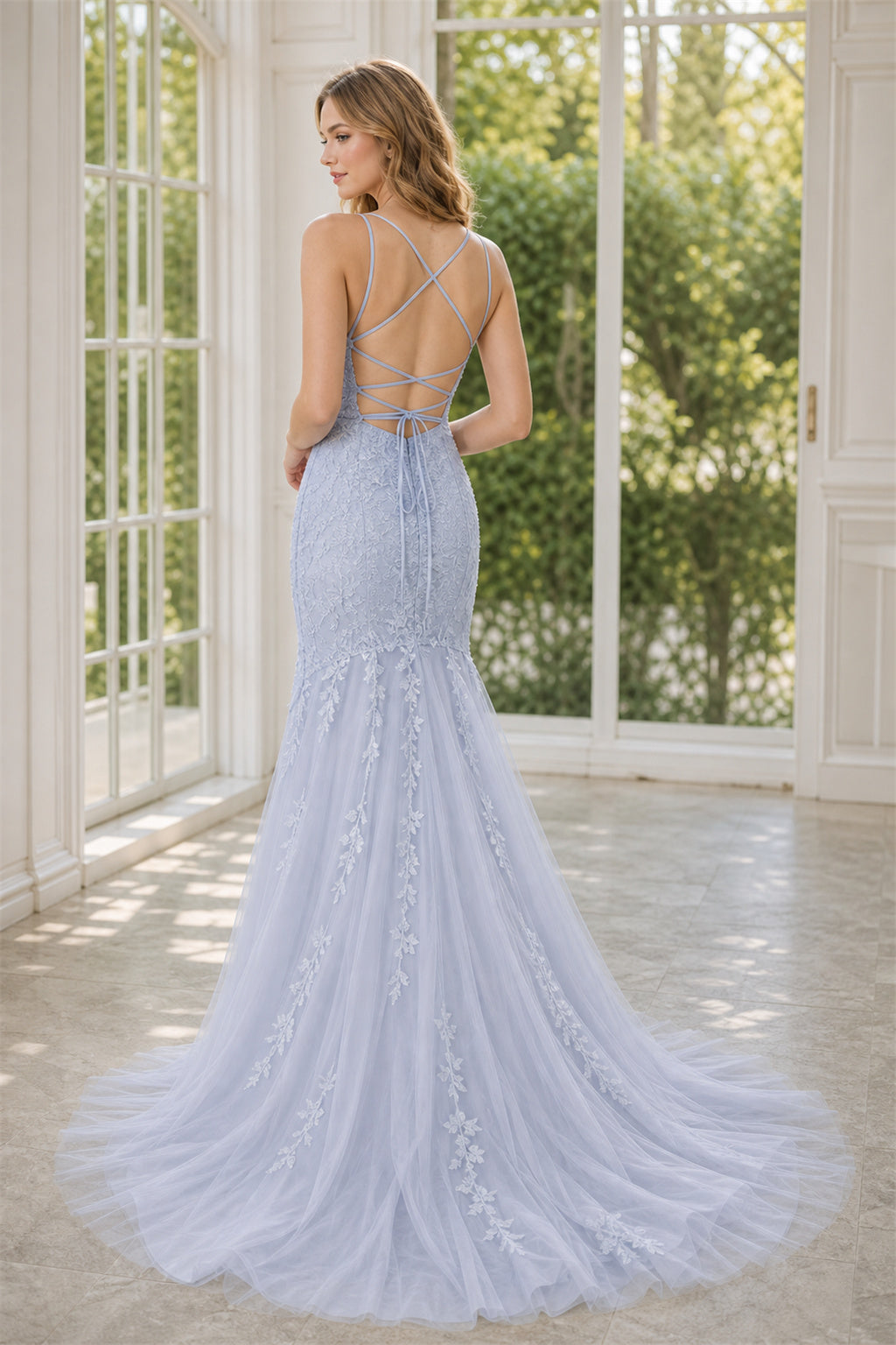 Light Blue V-neck Spaghetti Strap Mermaid Lace Floor-Length Dress With Low Back