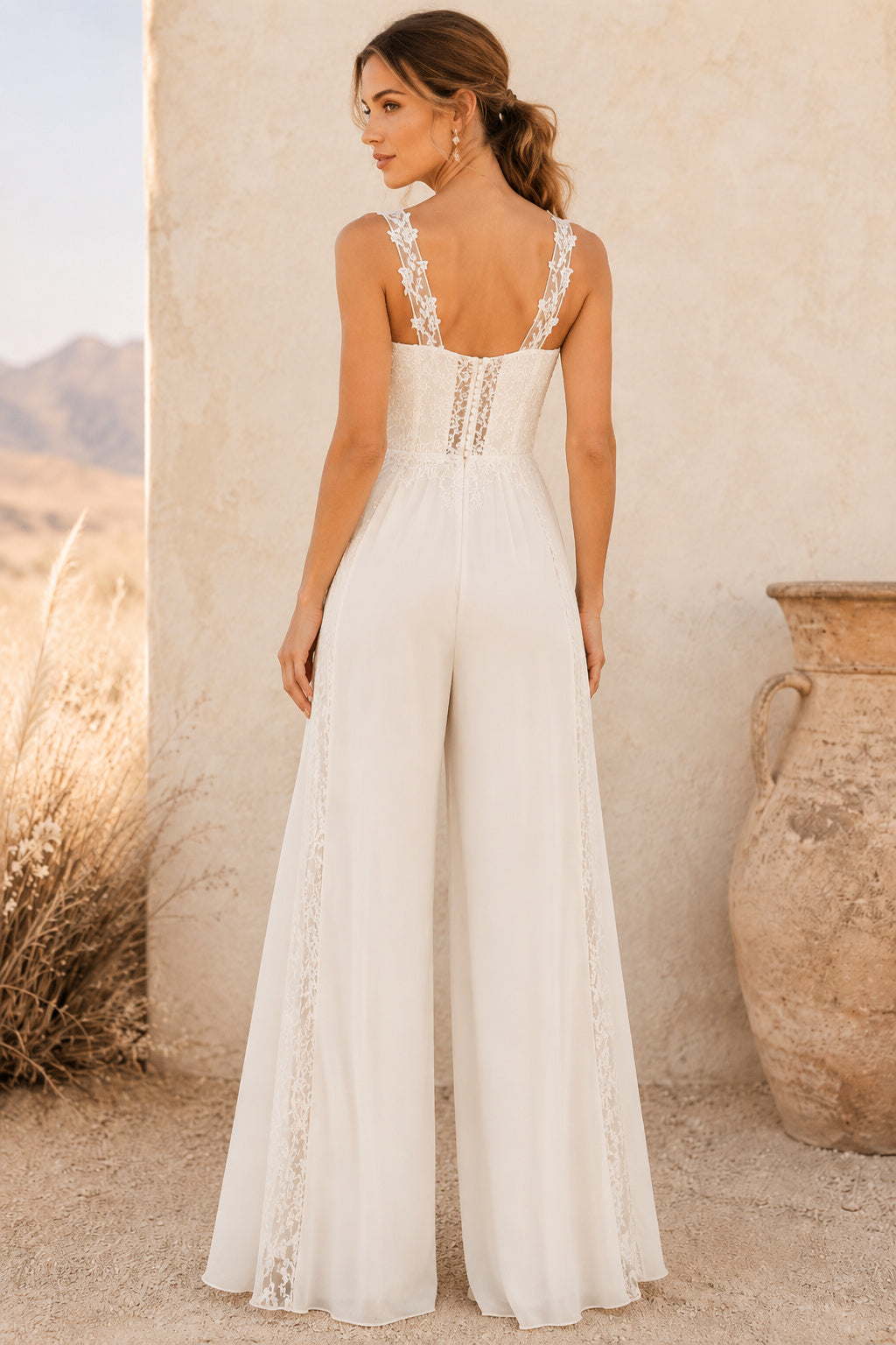 Ivory Square Neck Lace Strap Bridal Jumpsuit with Split Chiffon Panels back view