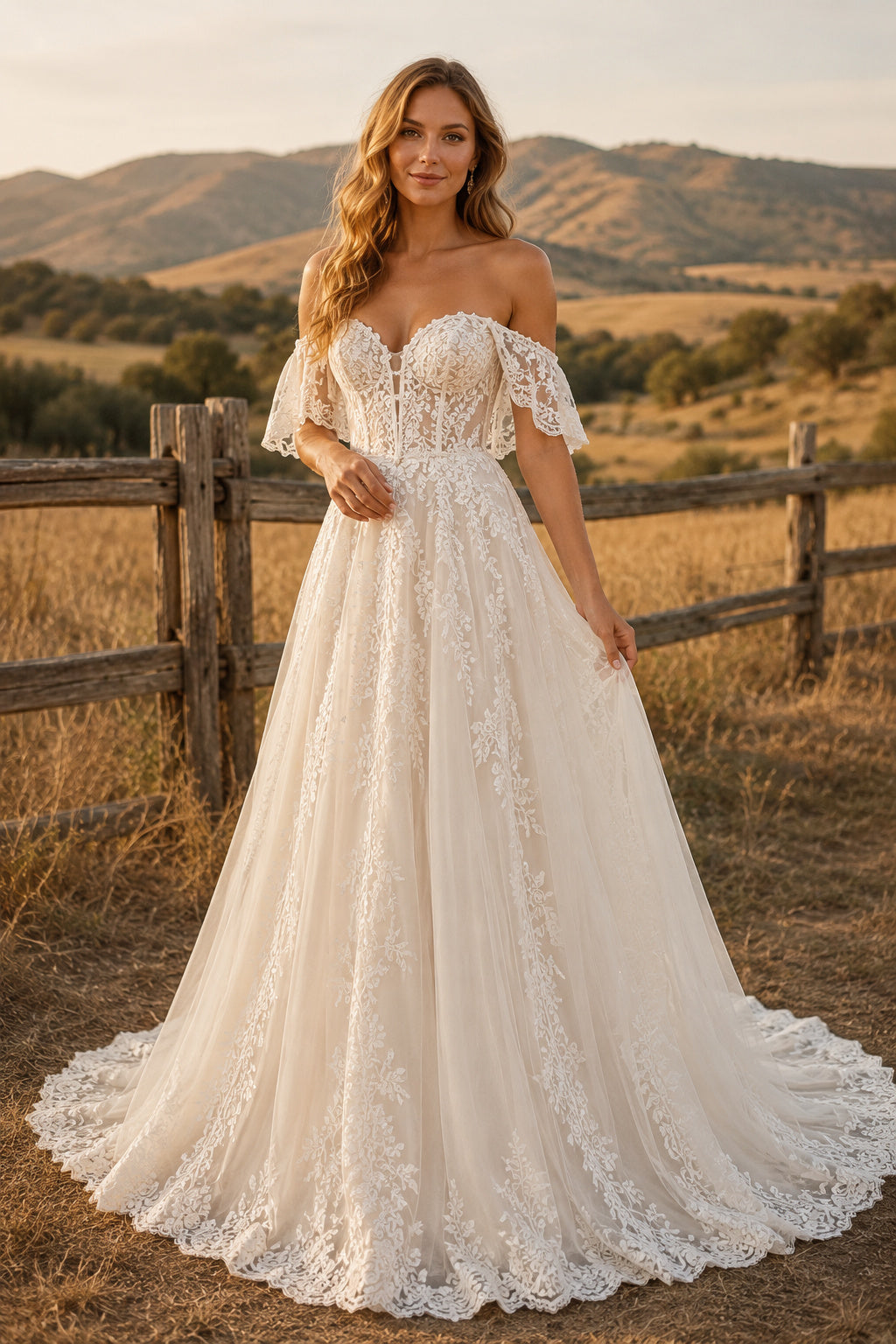 Ivory Off-the-Shoulder Lace A-Line Wedding Dress with Flutter Sleeves and Scalloped Train front view