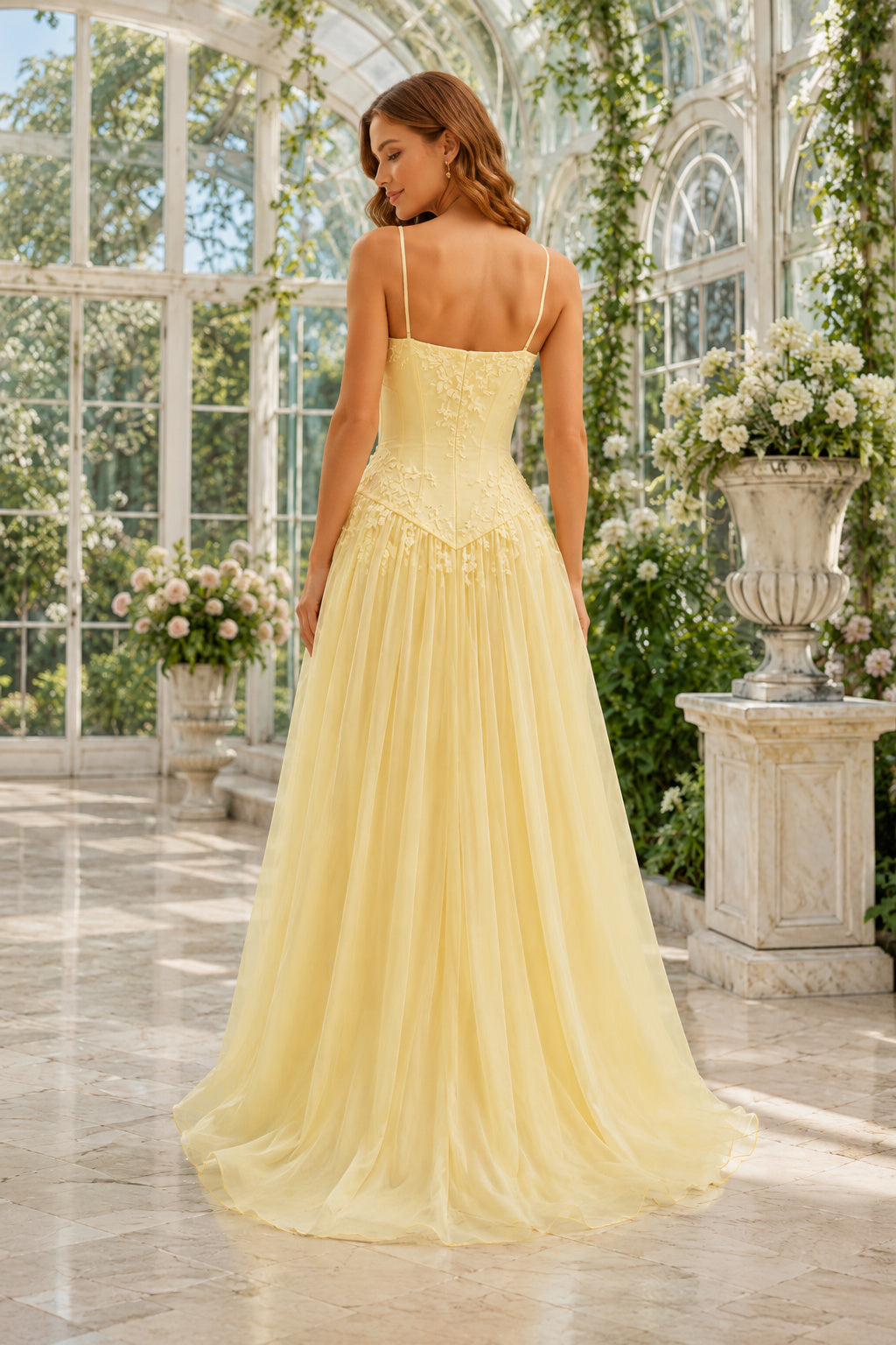 Daffodil Spaghetti Strap Yellow A Line Dress with Light Applique Bodice Floor Length A Line Bridesmaid Dress back view