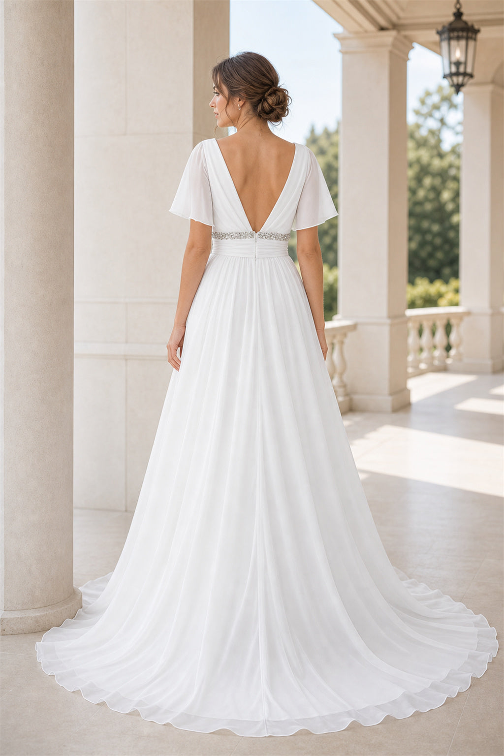 White V-neck Short Sleeves A-Line Chiffon Floor-length Wedding Dress With Beaded Waist and Train and Open Back