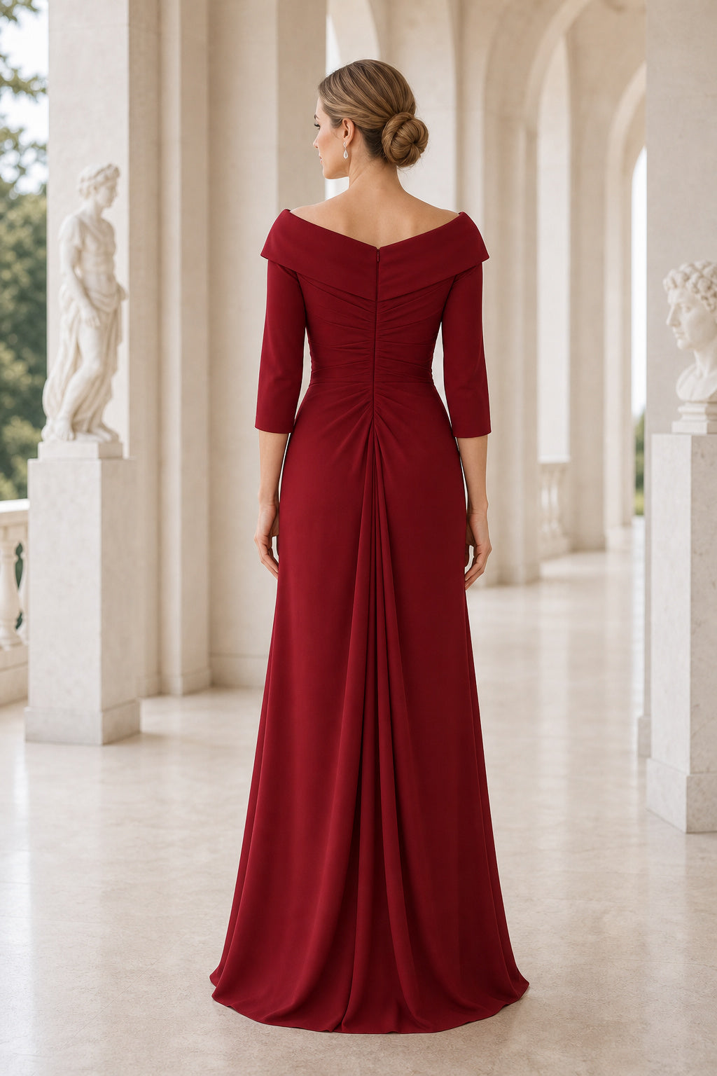 Burgundy Off-the-Shoulder Long Sleeve Sheath Chiffon Floor-Length Dress With Ruffle Front
