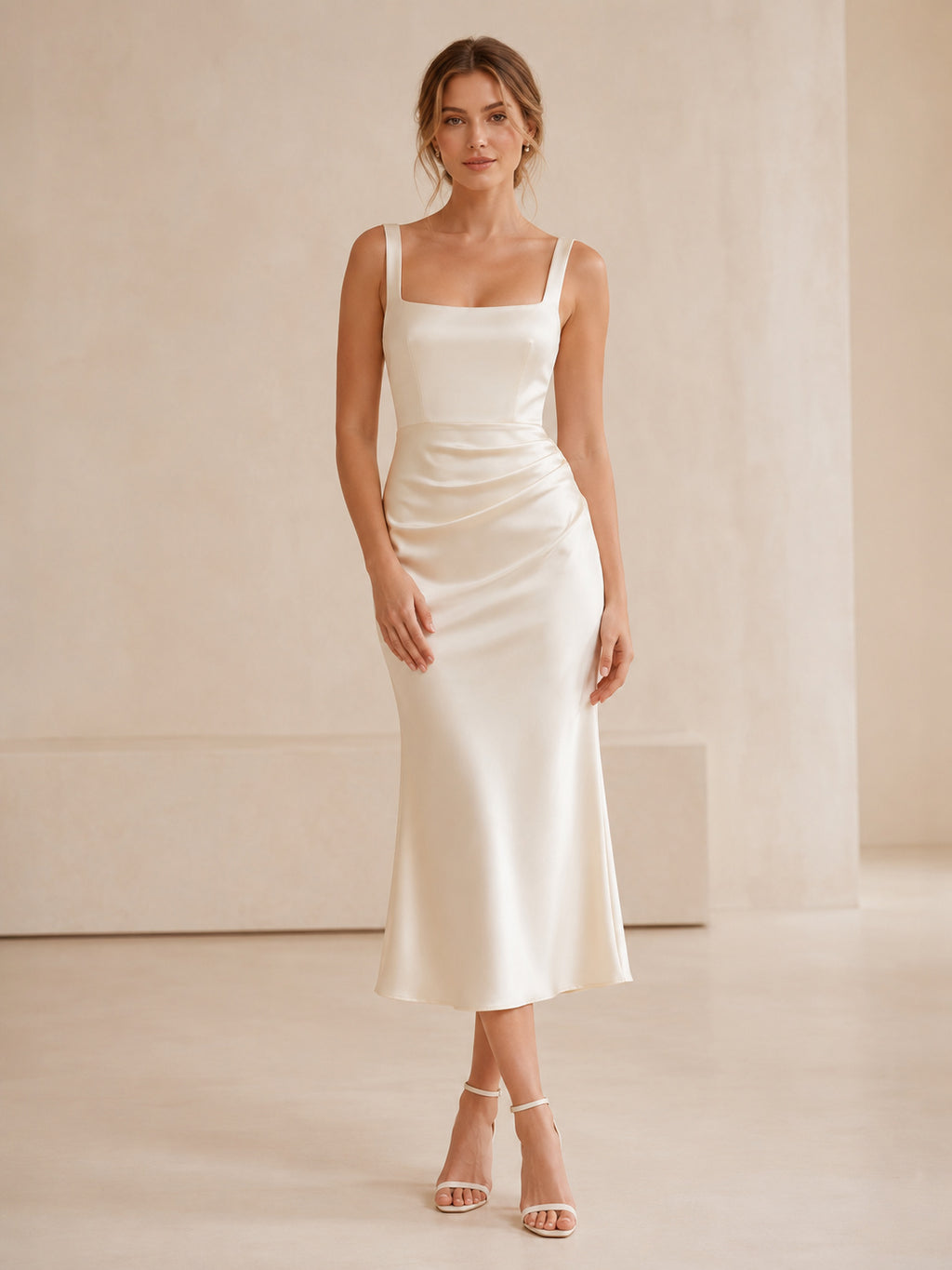 Simple Square Neck Ruched Satin Sheath Midi Bridal Dress front view