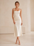 Simple Square Neck Ruched Satin Sheath Midi Bridal Dress front view