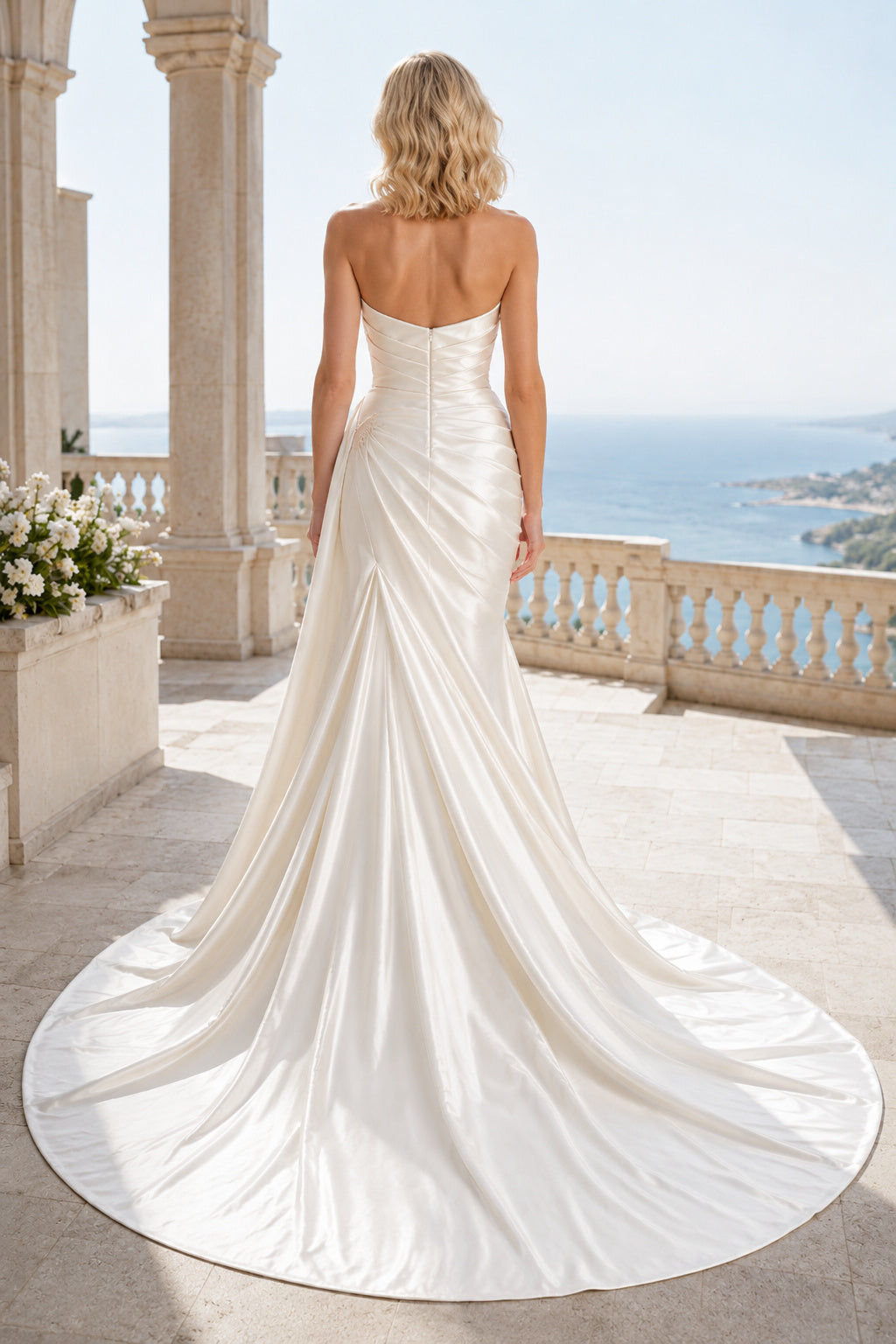 Satin Wedding Dress Mermaid Strapless Sweetheart Sweep Train Bridal Gown Style 721254 back view