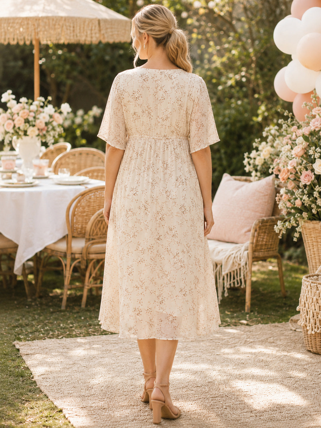 Cream Floral Maternity Jewel Neck Half Sleeve Chiffon Tea Length Modest Garden Dress back view