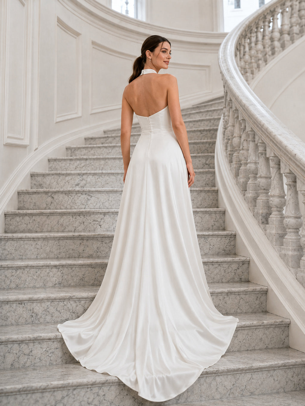 Minimalist Halter Satin A-Line Sweep Train Wedding Dress back view