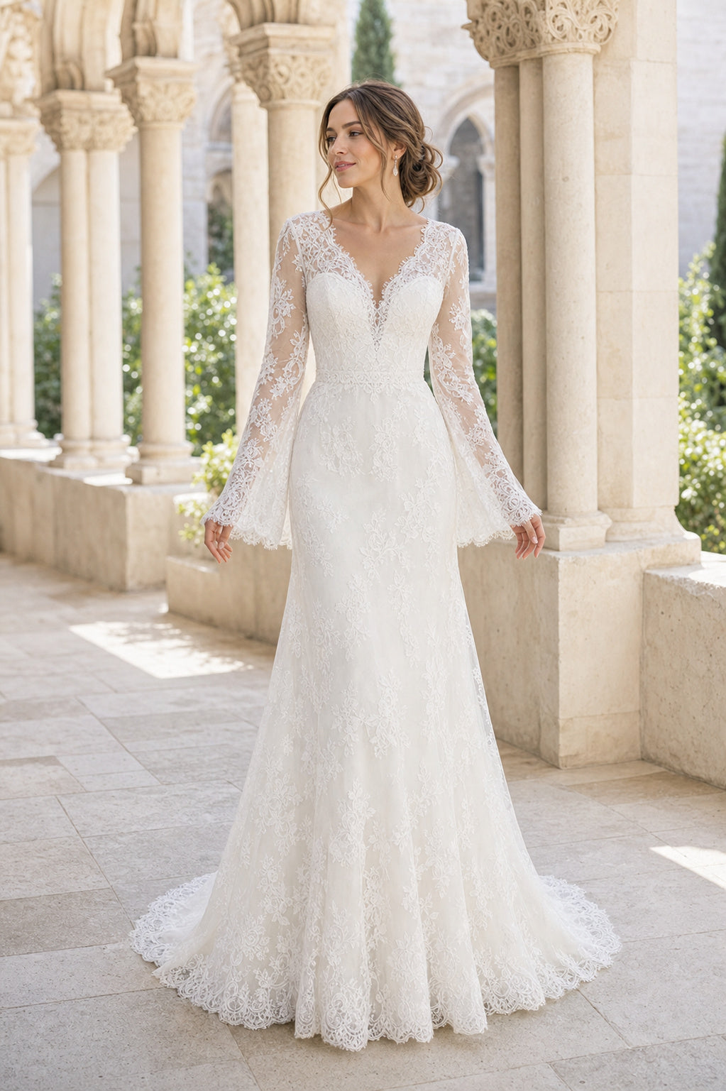 White V-neck Mermaid Crepe, Lace Floor-length Wedding Dress With Lace and Floral Appliques and Open Back