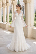 White V-neck Mermaid Crepe, Lace Floor-length Wedding Dress With Lace and Floral Appliques and Open Back