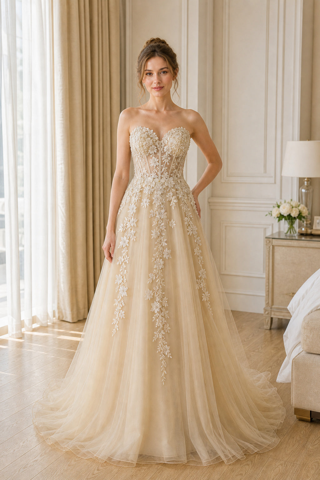 White Halter A-Line Satin Floor-length Wedding Dress With Beaded Bodice and Pleated Skirt and Open Back