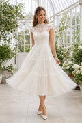 Ivory High Neck Cap Sleeve Lace Tulle Tea-Length Wedding Dress with Cap Lace Sleeves and Tiered Tulle Skirt front view