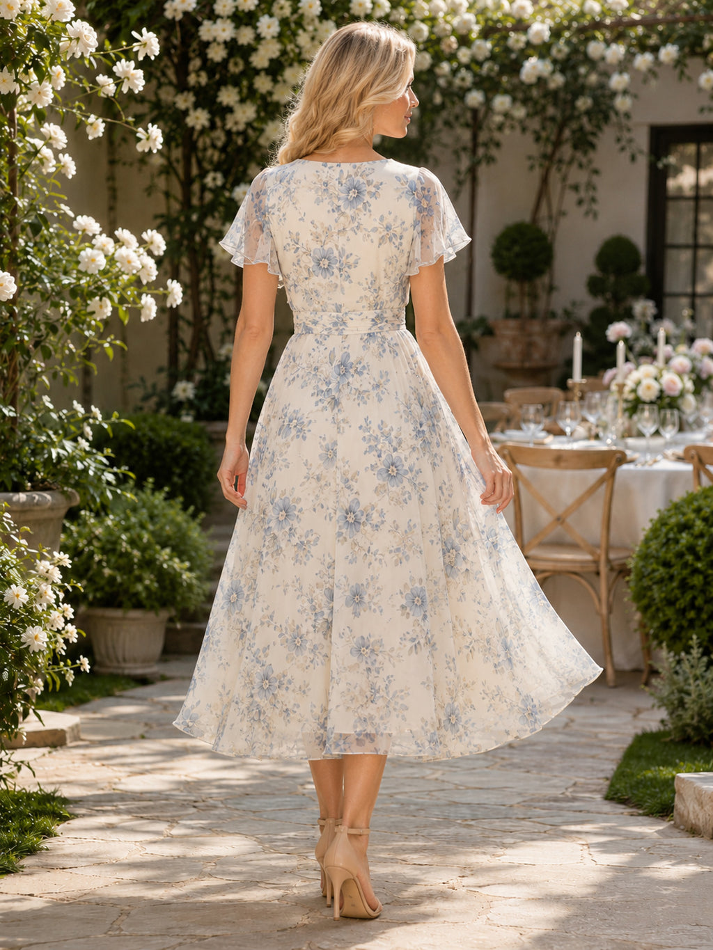 Mist Floral Print Chiffon Tea-length A-Line Guest Dress back view