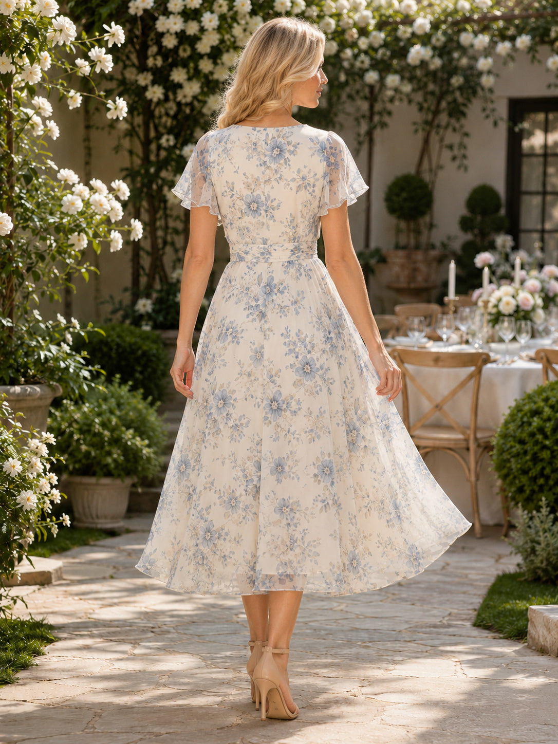 Mist Floral Print Chiffon Tea-length A-Line Guest Dress back view