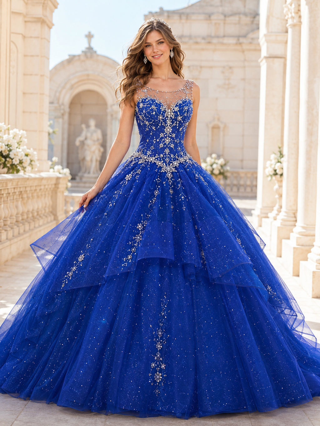 Royal Blue Modest Cap Sleeve Illusion Crystal Layered Quinceanera Princess Court Train Ball Gown front view