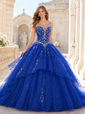 Royal Blue Modest Cap Sleeve Illusion Crystal Layered Quinceanera Princess Court Train Ball Gown front view