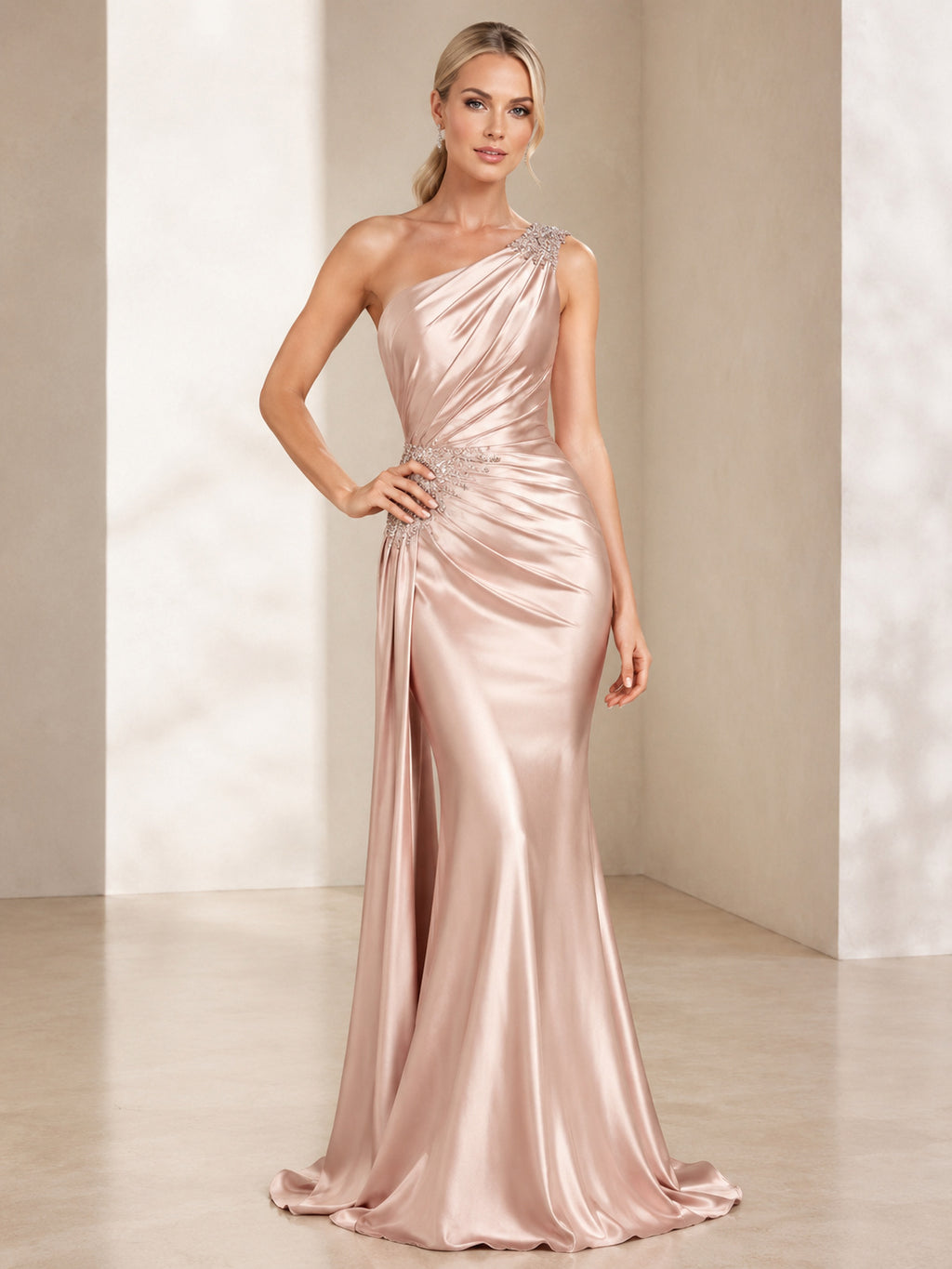 Blush One Shoulder Ruched Satin Sheath Evening Dress front view