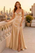 Champagne Champagne Cowl Neck Satin Sheath Dress with Side Slit Floor Length Sheath Bridesmaid Dress front view