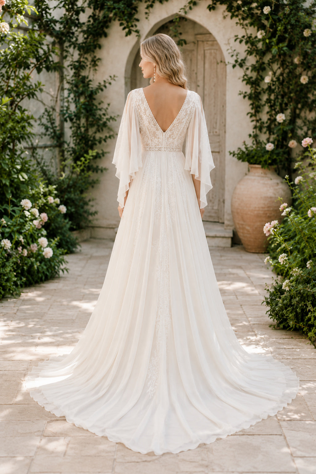 Ivory Flutter Sleeve Chiffon A-Line Wedding Dress with V-Neck and V-Back back view