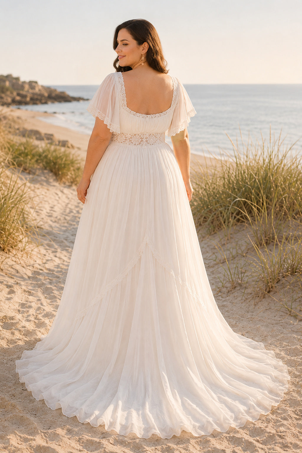 Plus Size Ivory Square Neck Flutter Sleeve Lace Tulle A-Line Wedding Dress with Flutter Sleeves and Simple Chiffon Train back