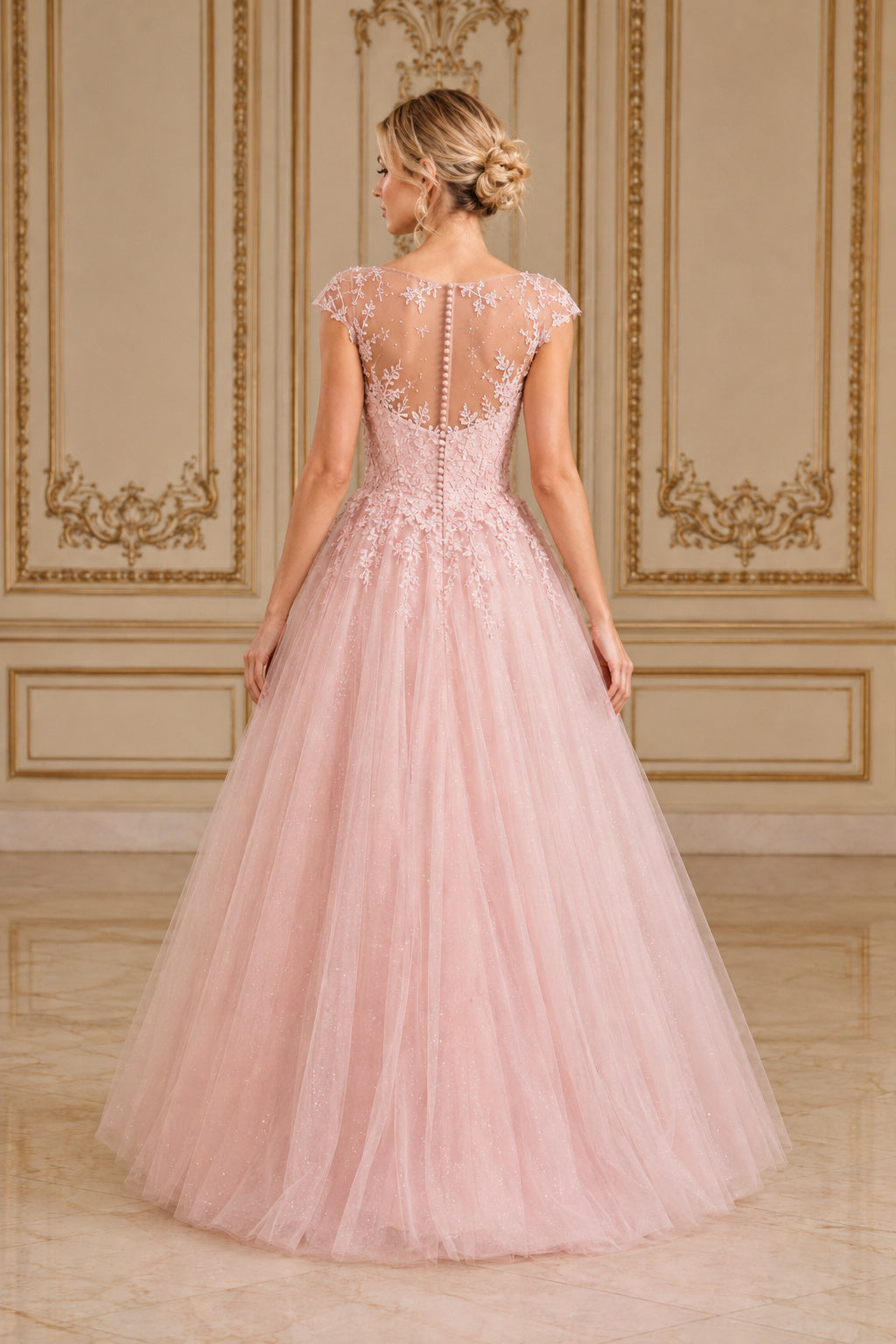Blushing Pink Illusion Lace Ball Gown Wedding Dress with Full Tulle Skirt back view