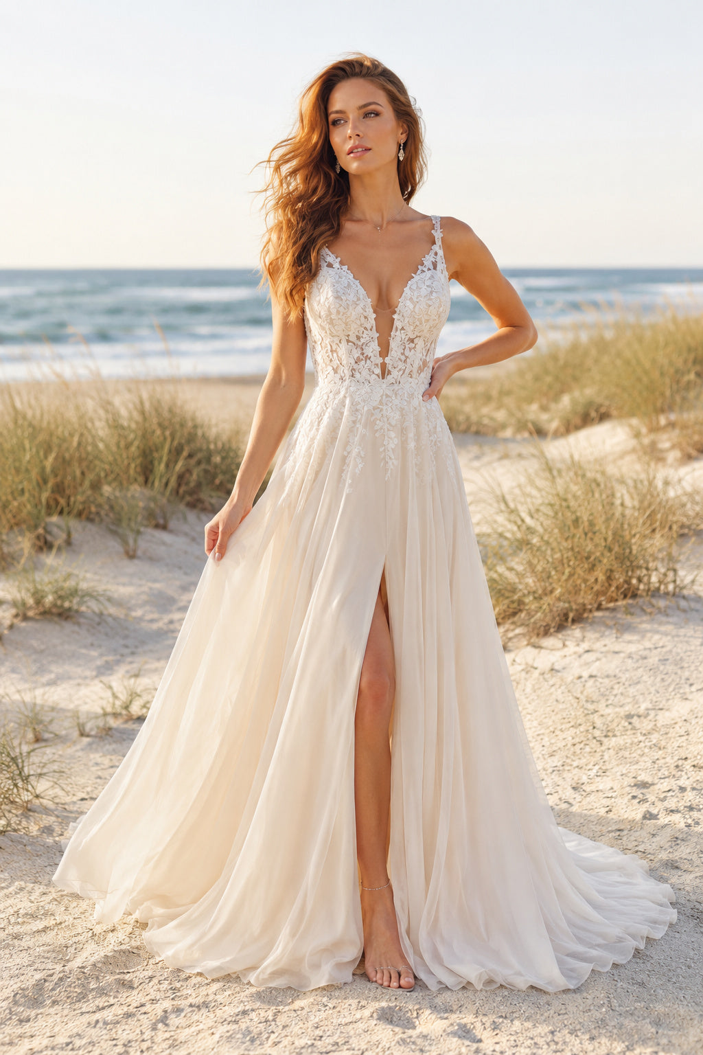 Ivory Spaghetti V-Neck Chiffon A-Line Beach Wedding Dress Split Train for Wedding Ceremony and Reception front view