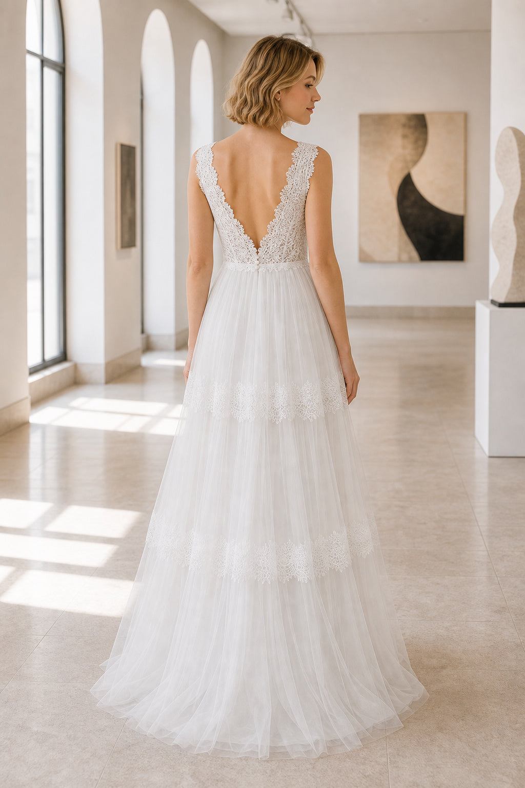 White Bateau Three-Quarter Sleeves A-Line Lace Floor-length Wedding Dress With Lace and Sweep Train and Open Back