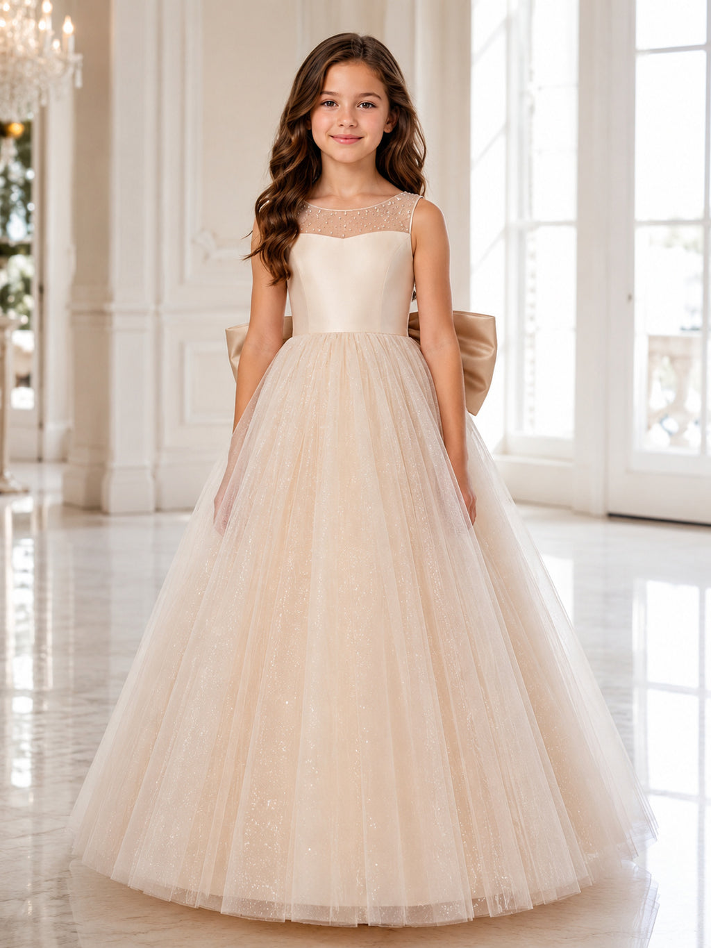 Flower Girl Dress Ivory Tulle A-Line Sleeveless Jewel Neck Floor Length Bow Back front view